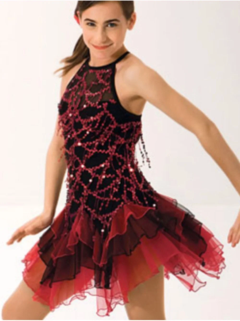 Girls' Red & Black Sequin Fringe Dance Costume